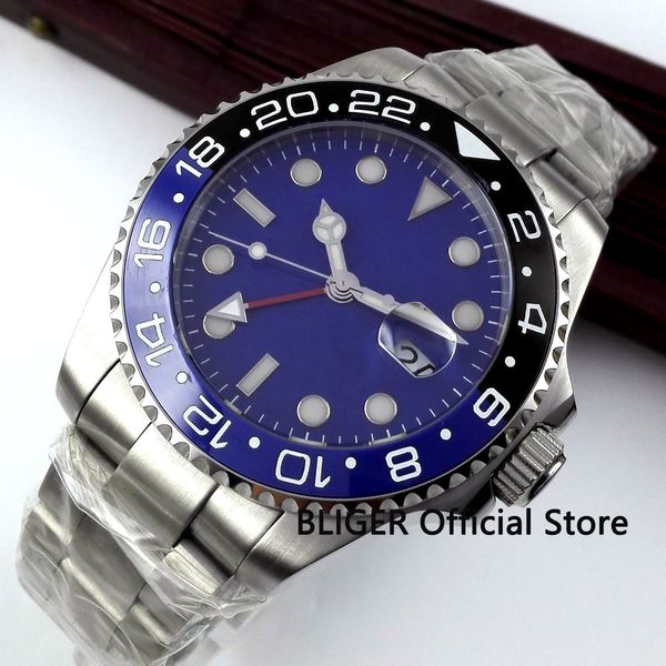 

classic bliger 40mm blue sterile dial black blue ceramic bezel gmt pointer sapphire crystal automatic movement men's watch b309, Slivery;brown