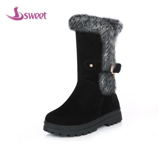 

sweet brand womens shoes woman boots winter snow boots pu buckle solid fur rubber flat with pu furb76, Black