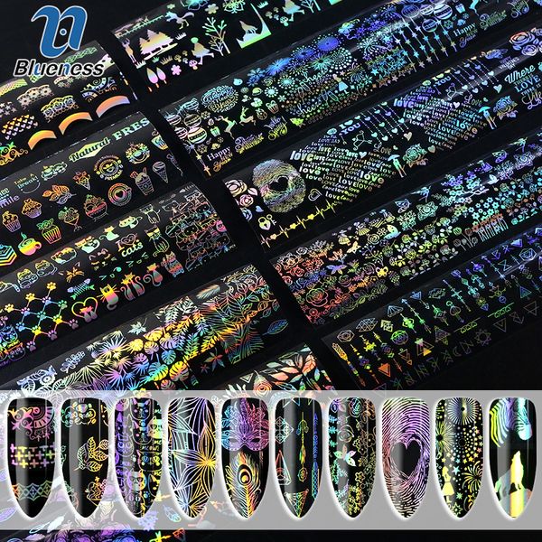 

blueness 10rolls/bottle holographic laser nails transfer foil stickers mix pattern manicure diy nail art decorations decals diy, Black