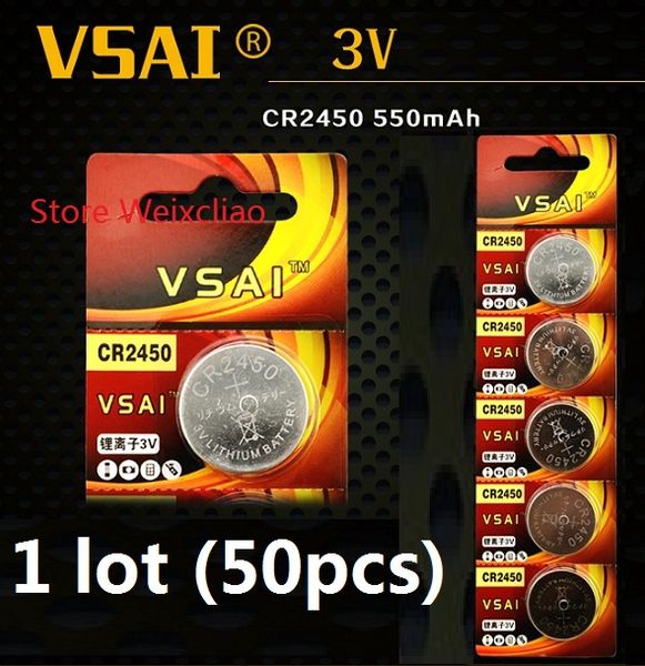 

50pcs 1 lot CR2450 3V lithium li ion button cell battery CR 2450 3 Volt li-ion coin batteries VSAI Free Shipping