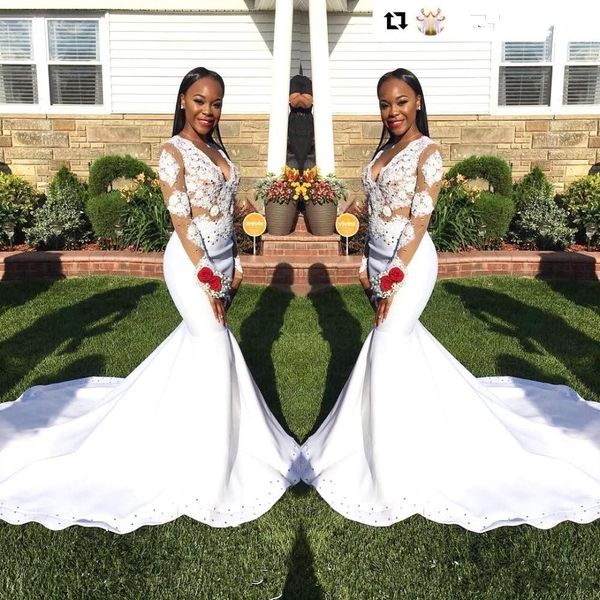 

white appliques long sleeves simple wedding dresses black girl v neck sheer stretch satin long party gowns bridal dresses