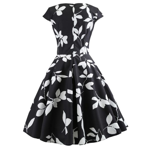 

2018 vintage hepburn style v-neck palm leaf love heart print flare dress sleeveless summer party dress retro vestidos, Black;gray