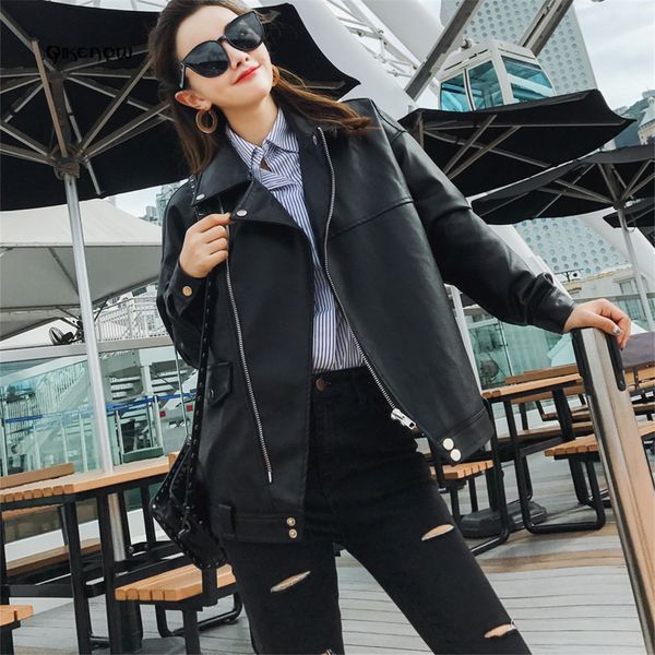 

qikenow camperas mujer cuero 2018 autumn pu leather jacket women rivet chaqueta mujer py-016 harajuku bf casaco feminino s-l, Black