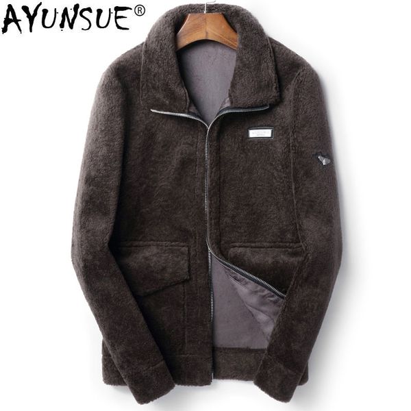 

ayunsue 100% wool coat autumn winter jacket men sheep shearling fur coats 2018 mens jackets and coats plus size 4xl 5xl my1258, Black