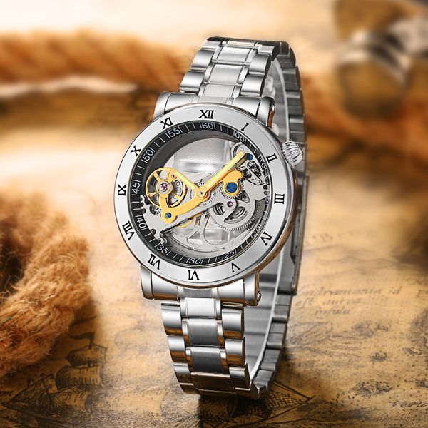 

fashion men mechanical watch unique transparent hollow automatic self wind watches men stainless steel watches, Slivery;brown