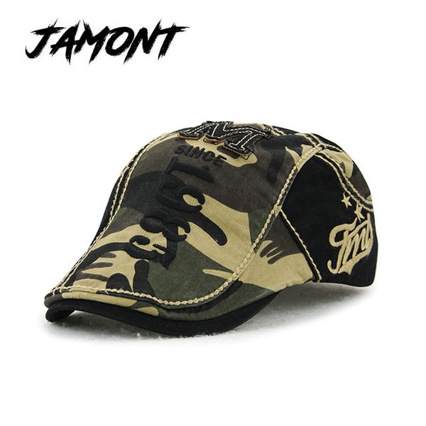

jamont] retro camouflage beret hats for men and women herringbone cotton visor casual peaked flat cap since 1985 duckbill hat, Blue;gray