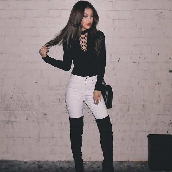 

2017 knitted lace up bodysuit high neck women jumpsuit club bodycon bodysuit women cut out party blouse black blusa, White