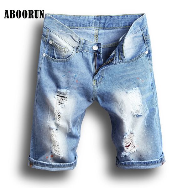 

aboorun mens summer denim shorts fashion painted hole jeans shorts knee length cotton slim fit short pants for male yc1066, White;black