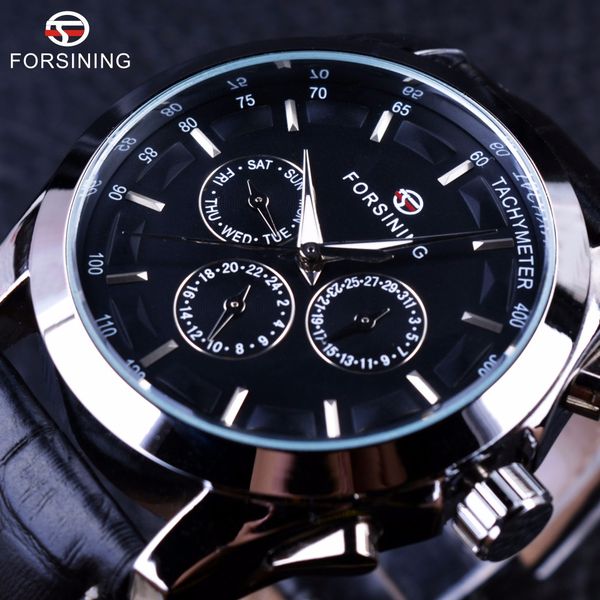 

forsining business time series black genuine leather strap 3 dial 6 hands men watches automatic watch clock men, Slivery;brown