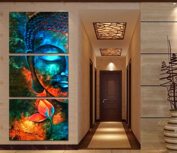 

canvas hd prints painting for living room decor framework 3 pieces abstract blue buddha poster portrait flower pictures wall art