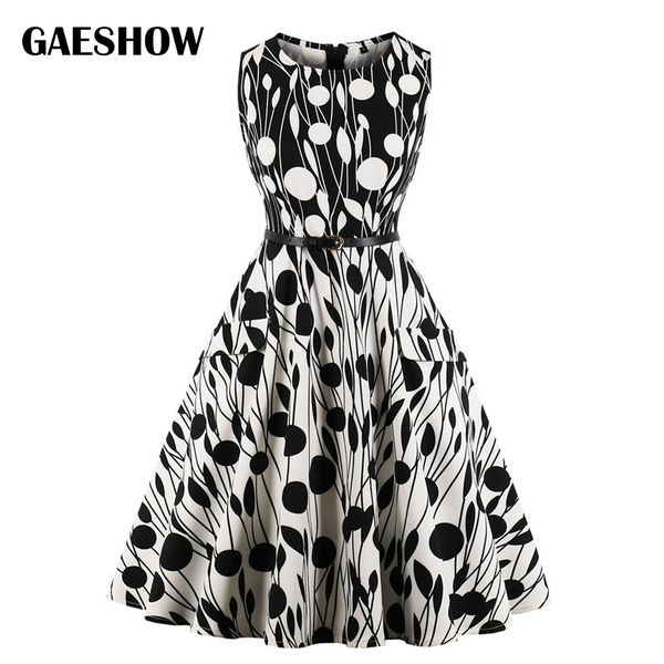 

gaeshow plant dot print vintage women dress round neck sleeveless a-lined dresses belt plus size 4xl 50s rockabilly party dress, Black;gray