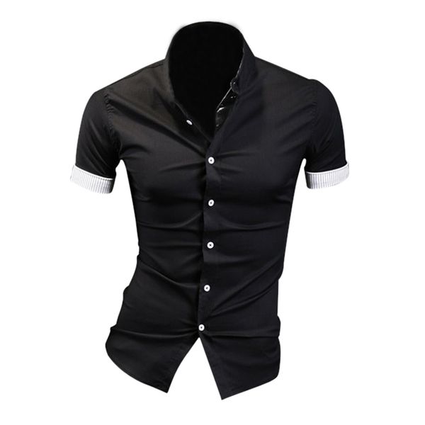 

black summer mens fashion dress shirts plaid hit color edging lined with stripes slim fit short sleeved shirts, White;black