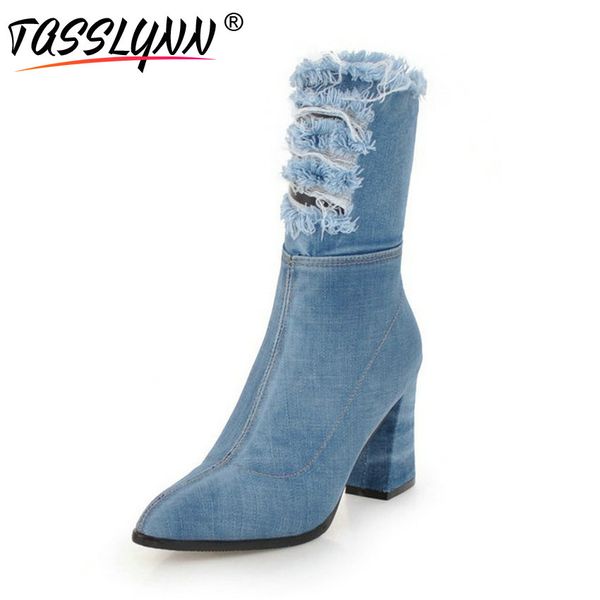 

tasslynn 2018 ladies boots denim women autumn shoes hoof heels women boots pointed toe mid-calf casual shoes plus size 34-43, Black