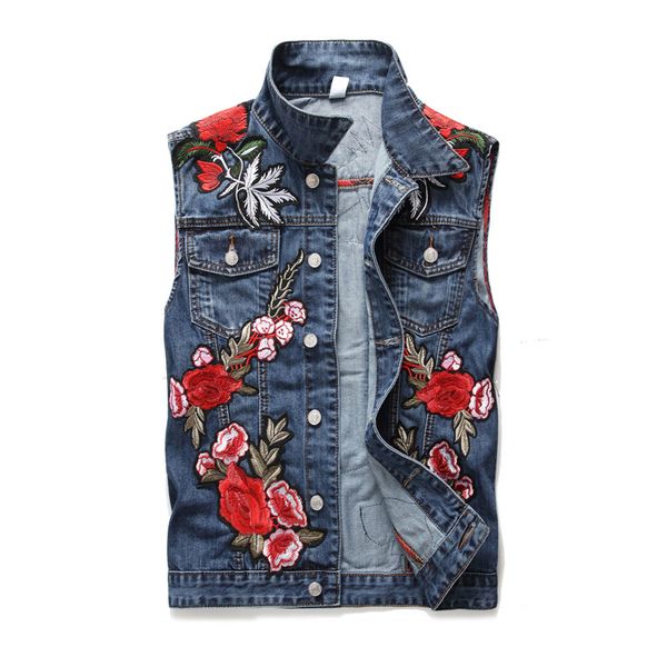 

blue floral embroidery applique jean vest men summer 2018 veste femme denim vest gilet colete feminino waistcoat plus size m-3xl, Black;white