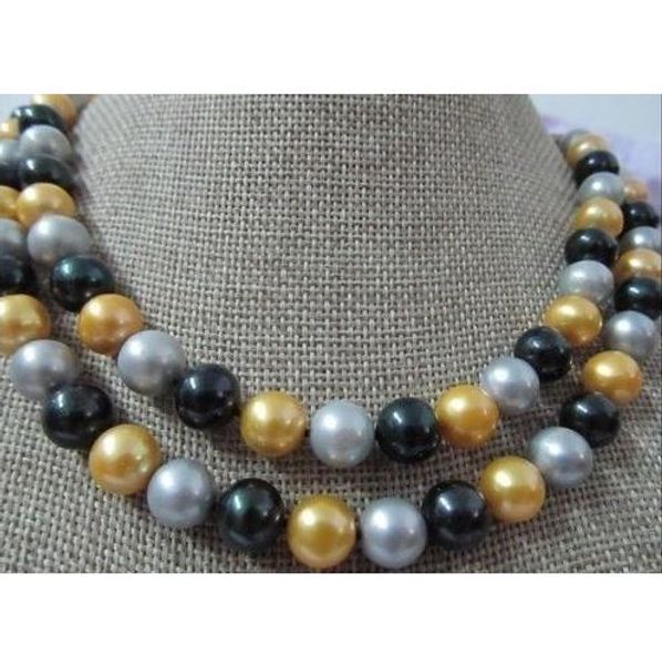 

2018 natural 35" 10-11mm south sea black gray yellow pearl necklace 14k gold clasp, Silver