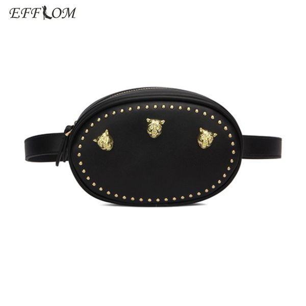 

fashion women waist bag tiger head studded leather fanny pack women 2018 new summer functional bum chest belt bag round