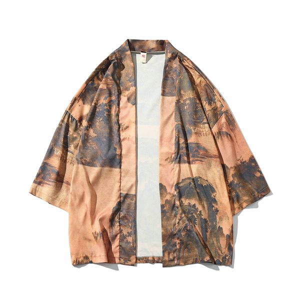 

japan style kimono jacket men vintage landscape print linen mens jackets plus size seven-quarter sleeve coat male 5xl, Black;brown