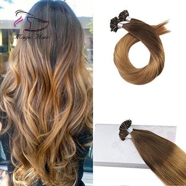 U Tip Keratin Remy Human Hair Extension Chocolate Brown # 4 Ombre to Caramel Blonde # 27 (# T427)