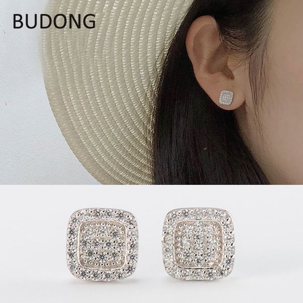 

budong 100% original 925 sterling silver stud earrings for women ladies hypoallergenic clear zircon brinco fine jewelry lhe0056, Golden;silver