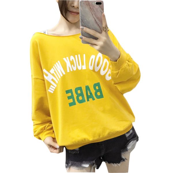 

kumeiya autumn casual women sweatshirts letter print long sleeve yellow girl pullovers loose off shoulder female thin coat, Black