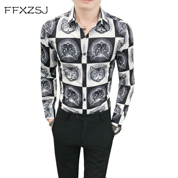 

new england printed fall shirt young men's fashion hairstylist long sleeve shine long-sleeved slim shirt asian size, White;black