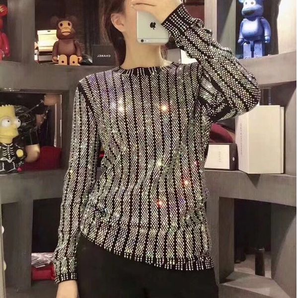 

new women's clothing in the spring of 2018 heavy light much shiny rhinestones stripe knitted turtleneck sweater sweater, White;black