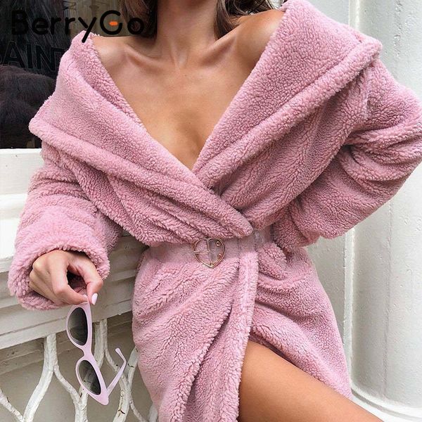 

berrygo vintage faux fur teddy coat women 2018 elegant v neck warm outerwear streetwear female winter overcoat party, Black