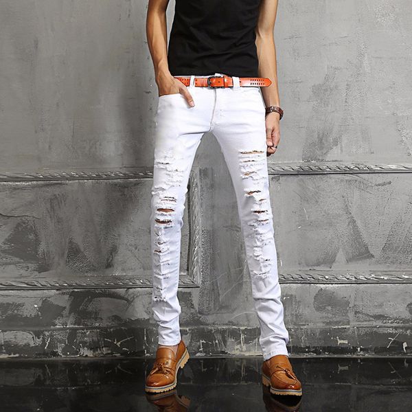 

germany men runway shows scratched ripped jeans skinny biker white jeans for men high quality, Blue