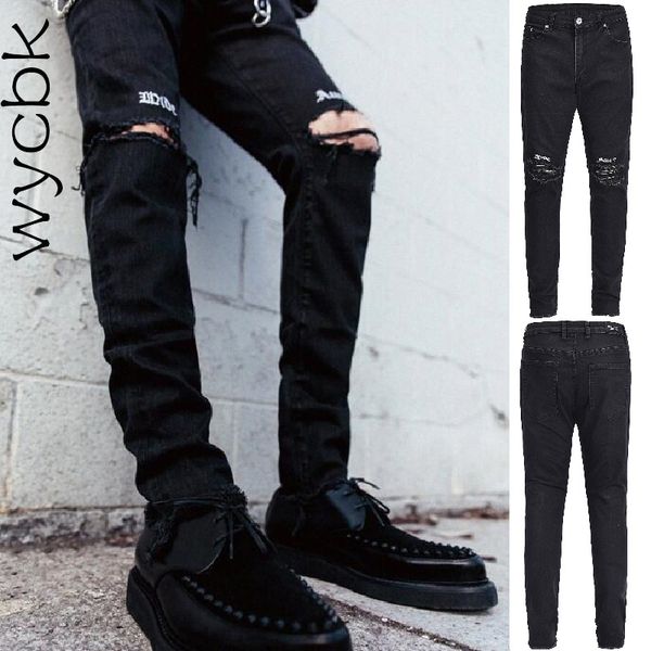 

wycbk 2018 new black ripped jeans men with holes denim super skinny designer brand slim fit embroidery jean pants, Blue