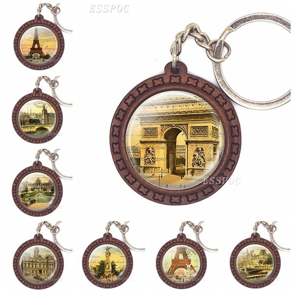 

paris travel souvenir keychain france attractions stamp key chain glass cabochon retro pendant wooden jewelry keys pendant, Silver