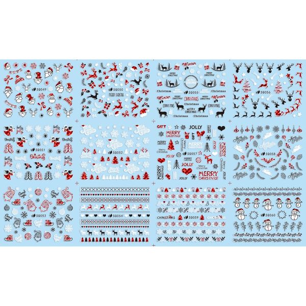 

uprettego 12 pcs / lot self-adhesive 3d nail tattoos sticker red black christmas xmas bow tie angel heart lace sq49-60