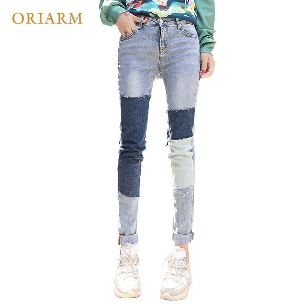 

autumn of 2018 the new stitching colours cotton jeans women stitching straight jeans was thin ankle-length, Blue