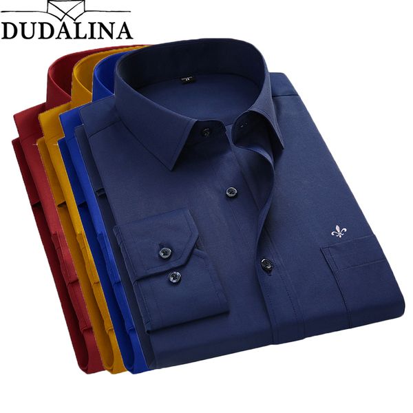 

dudalina 2018 men shirt plus size color pocket long sleeved classical male shirts formal business shirt man embroidery logo, White;black