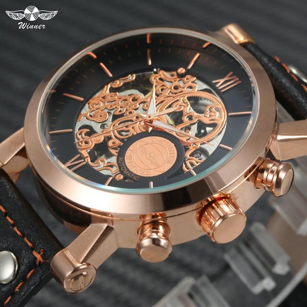 

winner fashion men's skeleton mechanical watch planet pattern roman numerals dial leather strap auto wristwatch, Slivery;brown