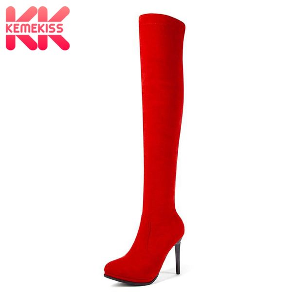 

kemekiss office lady high heel boots over knee stretch boots warm fur thigh high shoes women thin heel footwear size 33-43, Black
