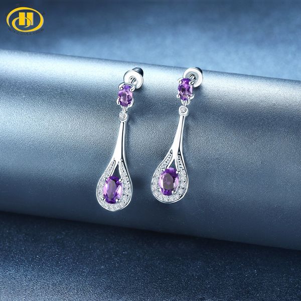 

hutang amethyst stud earrings natural gemstone solid 925 sterling silver crystal fine fashion stone jewelry for women's gift new, Golden;silver
