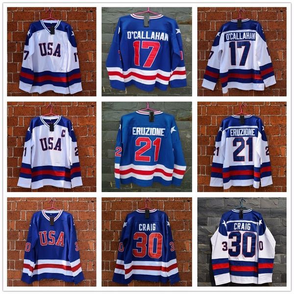 

1980 Miracle On Ice Team USA 21 Mike Eruzione Hockey Jerseys Pullover 17 Jack O'Callahan 30 Jim Craig Blue White CCM Stitched Jersey