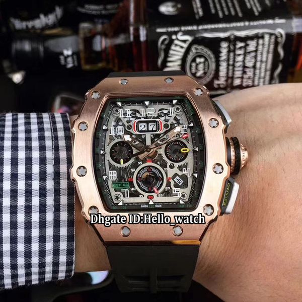 

new rm11-03 big date 43mm flyback chrono black skeleton dial miyota automatic mens watch rm011 rose gold case rubber strap sport watches, Slivery;brown