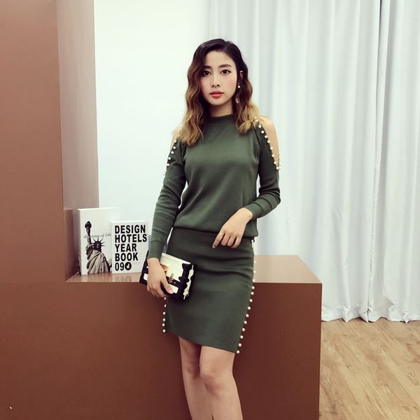 

alphalmoda] spring new arrival women off-shoulder beaded knit skirts suits long-sleeved sweater slim pencil skirts sets, White;black