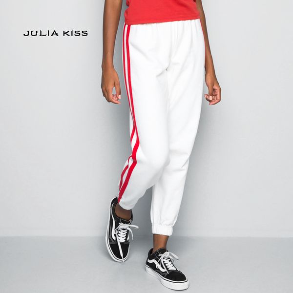 

women vintage sweat crop pants casual track crop pants with two side stripes, Black;white
