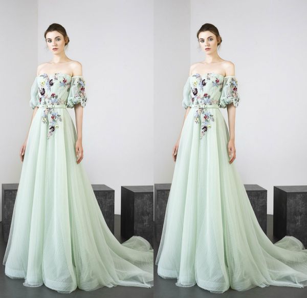 2019 Tony Ward Menta Verde Vestidos de Noite Fora Do Ombro Uma Linha de Vestido de Baile Desgaste Do Partido Equisite Bordado de Manga Longa Mulheres Vestidos Formais