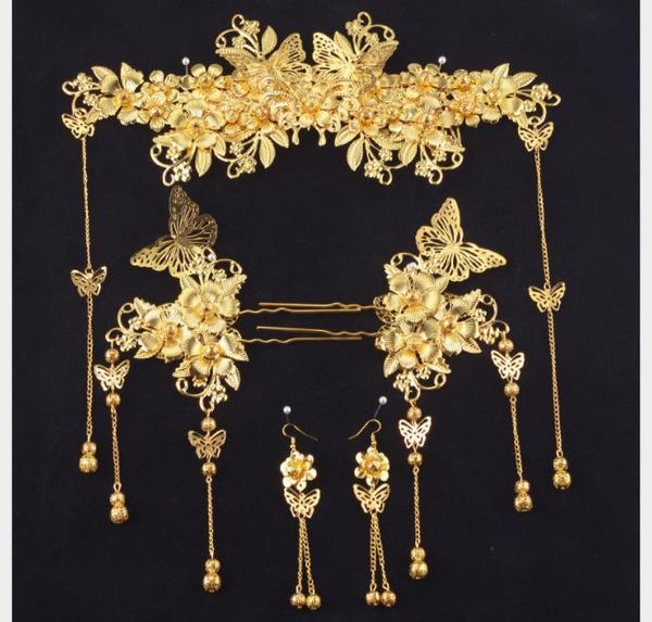 

chinese brides headdress, golden costume, headdress, dragon, phoenix, gown, phoenix crown, frill, wedding wedding accessories, Slivery;golden