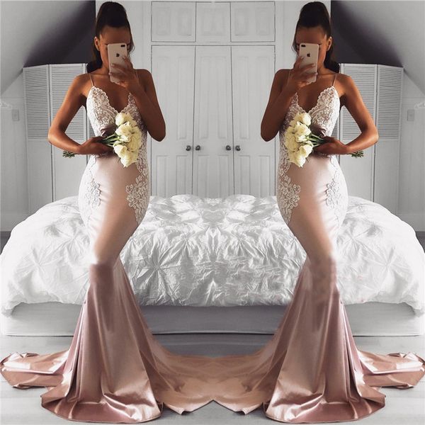 

Sexy V Neck Mermaid Prom Dresses Spaghetti Straps 2018 Cheap Formal Evening Gown Backless Red Carpet Celebrity Gowns