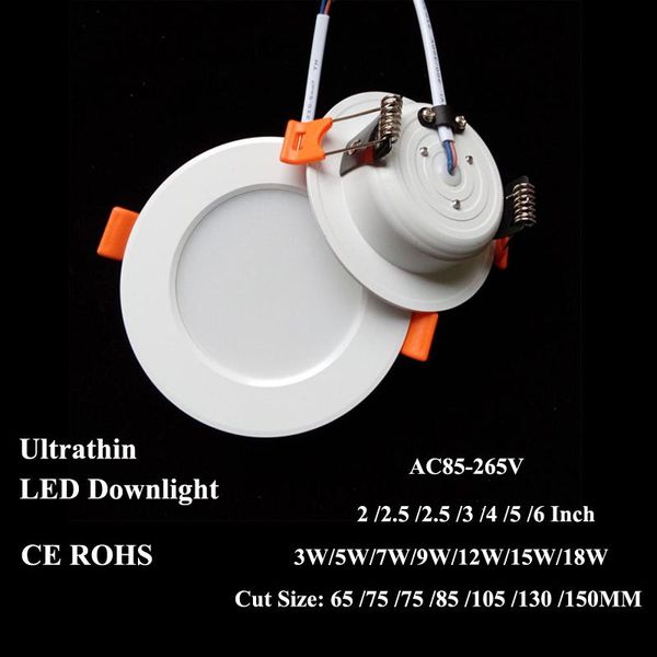 

led downlight recessed ceiling lamp 3w 5w 7w 12w 15w 18w cut 65/75/85mm 4-6 inch ultrathin lighting ac85v-265v smd5730 round