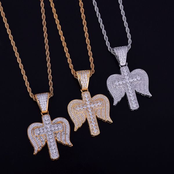 

men/women hip hop jewelry wings cross necklace & pendant ice out cubic zircon charm with cuban/rope chain two colors for gift, Silver