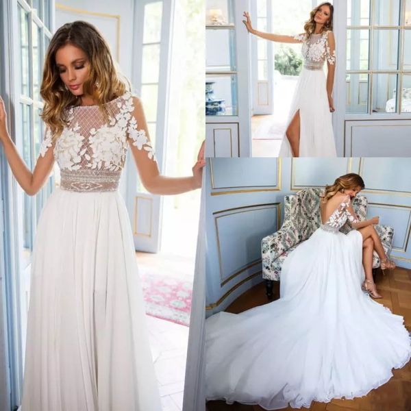 

modest beach bohemian wedding dresses sheer long sleeve lace vestidos de novia side split summer wedding gowns bridal dress, White