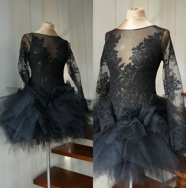 Modische kleine schwarze Langarm-Cocktailkleider mit Juwelenausschnitt und Applikationen, formelles kurzes Heimkehr-Abschlusskleid, sexy Partykleider, individuell