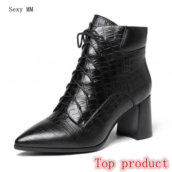

genuine leather women high heel ankle boots spring autumn shoes woman short boots small plus size 33 - 40 41 42 43, Black