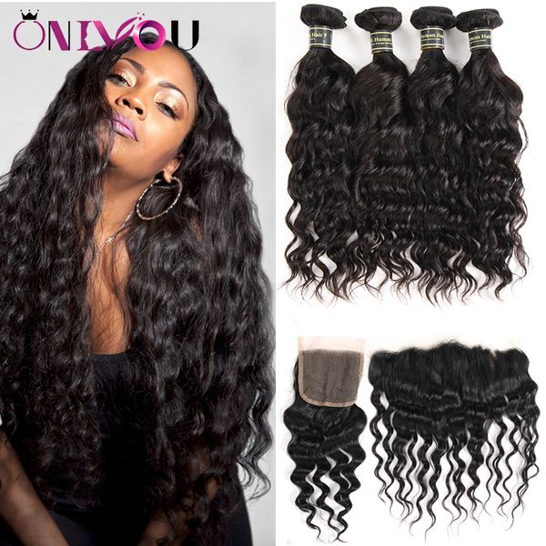 

onlyou unprocessed brazilian virgin human hair bundles with closure water wave weave bundles with frontal ear to ear remy human hair vendors, Black;brown