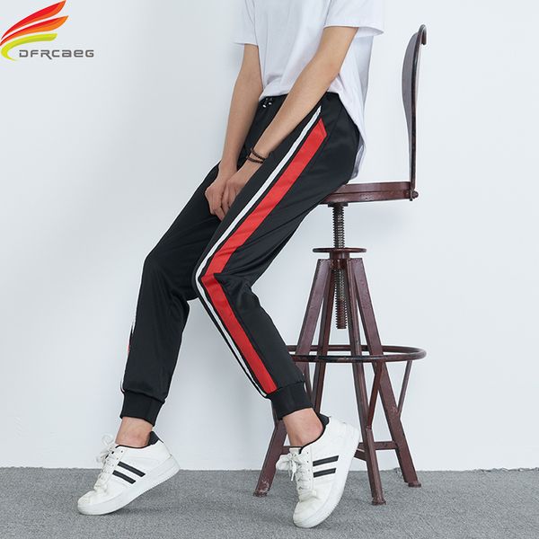 

2018 new fashion high elastic waist harem pants women spring autumn side striped pants female street wear black red trousers, Black;white